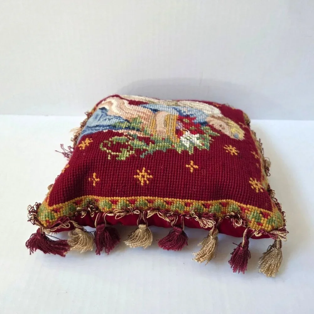 Christmas Needlepoint Pillow Angel Petit Point Tassels 9